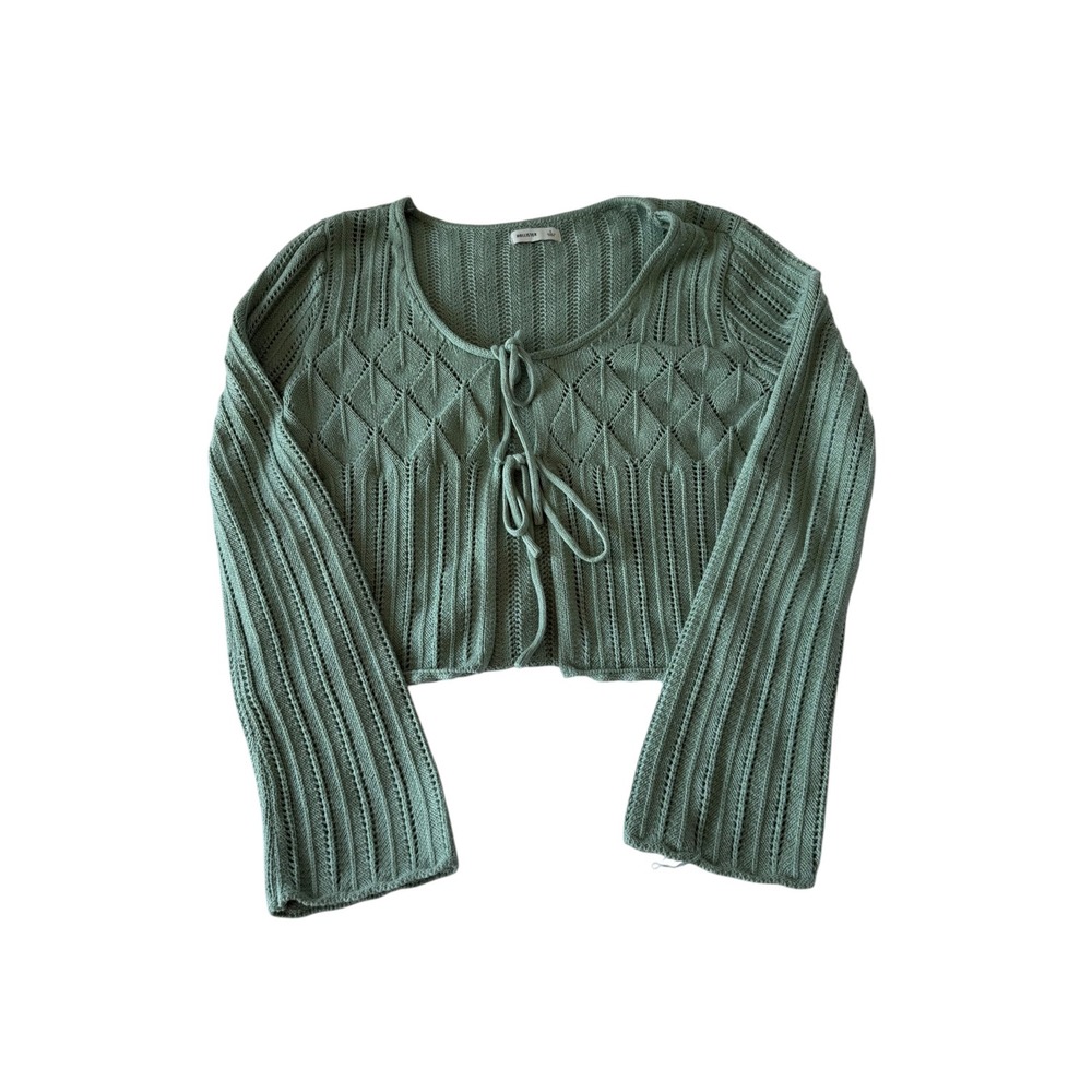 Hollister Sage Green Tie Front Pointelle Knit Cropped Cardigan Sweater Small - Picture 2 of 8